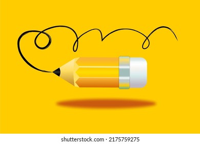 Funny, drawing a funny black line, yellow pencil. Yellow background, backdrop. A popular illustration of a yellow pencil with an eraser at the end.