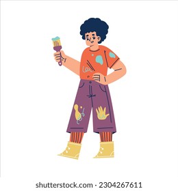 Funny Drawing Boy Standing with Brush and Paint Stain on Clothes Vector Illustration