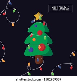 Funny drawing of a Christmas tree with colored lights. Icon to congratulate the holidays. Editable vector.