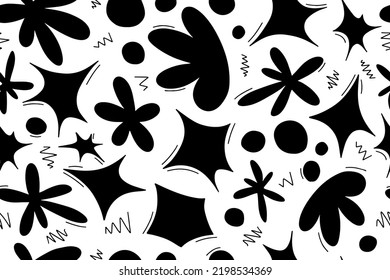 Funny drawing from the design elements of a comic book. Bold, childlike drawing. Contrasting and edgy. Blast, bubbles and thoughts in a pattern. Black and white drawing for textile or wrapping paper 