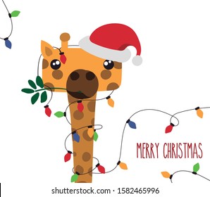 Funny drawing of a giraffe with lights and Christmas hat. Christmas card. Editable vector.