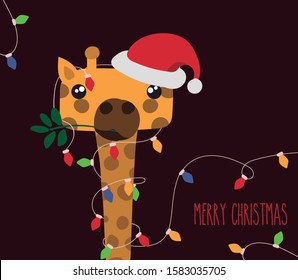 Funny drawing of a giraffe with lights and Christmas hat. Christmas card. Editable vector.