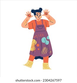 Funny Drawing Girl with Paint Stain on Clothes Showing Palm Hands Vector Illustration