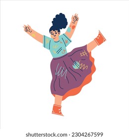Funny Drawing Girl with Raised Hands and Paint Stain on Clothes Vector Illustration