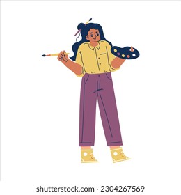 Funny Drawing Girl Standing with Brush and Palette Vector Illustration