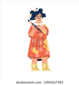 Funny Drawing Girl Standing with Brush and Paint Stain on Clothes Vector Illustration