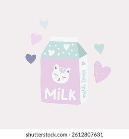 A funny drawing of a milk carton with a cute little cat on it, a sticker or a print for a T-shirt. A cartoon style with soft pastel colors.