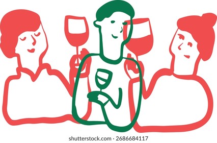Engraçado Desenho de Pessoas Bebendo Vinho. Logotipo do esboço	
