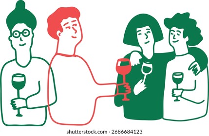 Engraçado Desenho de Pessoas Bebendo Vinho. Logotipo do esboço	
