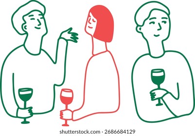 Dibujo divertido de Personas bebiendo vino. Logotipo de boceto	