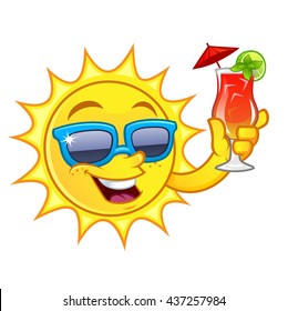 Funny drawing of a sun, he has a refreshing drink