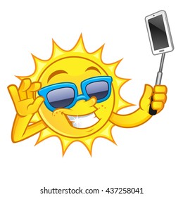 Funny drawing of a sun, he is making a selfie with his mobile