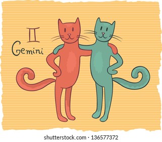 Funny drawing of a zodiac symbol - Gemini. One of a set. Vector illustration.
