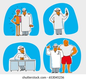 Funny drawn characters, doctor, swimming pool.