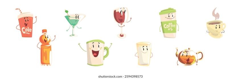 Funny Drink Character with Face and Arms Vector Set