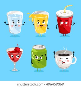 Funny drink. Cute beverage mascot illustration. Water, juice, cocktail in glass, cola in takeaway cup, canned soda, coffee in mug. Cartoon funny drink character isolated vector set on white background