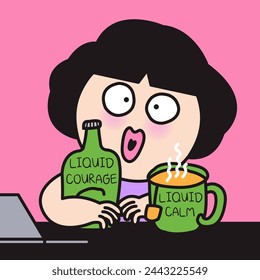 Funny Drinking Girl WIth Her Both Alcohol Bottle And Cup Of Tea At Office Desk Concept Card Character illustration