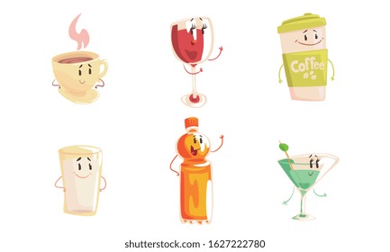 Funny Drinks Cartoon Characters Collection, Tea and Coffee Cup, Wine and Martini Glass, Milk, Juice Bottle Cute Beverages, Cafe, Restaurant Menu Design Element Vector Illustration