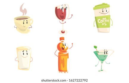Funny Drinks Cartoon Characters Collection, Tea, Wine, Coffee, Milk, Martini, Juice Cute Beverages, Cafe, Restaurant Menu Design Element Vector Illustration