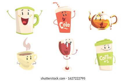 Funny Drinks Cartoon Characters Collection, Cola, Tea, Coffee, Wine Cute Beverages, Cafe, Restaurant Menu Design Element Vector Illustration