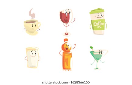 Funny Drinks Cartoon Characters Collection, Tea and Coffee Cup, Glass of Wine, Martini and Milk, Bottle of Juice Cute Beverages, Cafe, Restaurant Menu Design Element Vector Illustration
