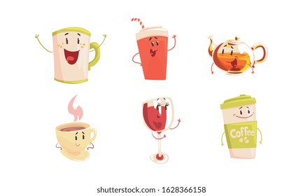 Funny Drinks Cartoon Characters Collection, Soda Drink, Tea, Coffee, Wine Beverages, Cafe, Restaurant Menu Design Element Vector Illustration