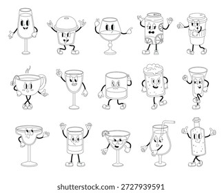 Personajes de bebidas divertidas. Cóctel de carácter Groovy, lata de refresco, taza de café para llevar, taza de té. Bebidas no alcohólicas. Conjunto de Vector para colorear de dibujos animados