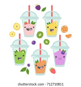 Funny drinks characters. Set of cute non-alcoholic beverages: smoothie, lemonade, orange juice. Smiling faces