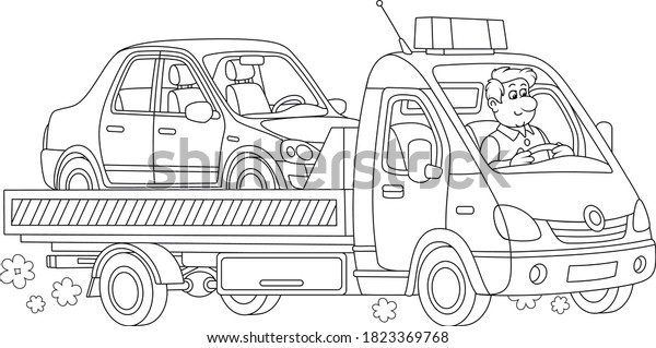 Funny driver in a breakdown truck\
carrying a broken car to a service center, black and white outline\
vector cartoon illustration for a coloring book\
page