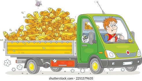 Funny driver with his merry cat in a green small truck full of chopped firewood rushing down a bumpy dusty road in countryside, vector cartoon illustration isolated on a white background
