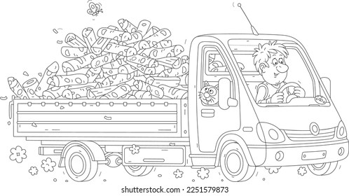 Funny driver with his merry cat in a small truck full of chopped firewood rushing down a bumpy dusty road in countryside, black and white outline vector cartoon illustration for a coloring book