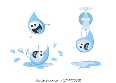 Funny drops of water. Cute characters, funny drops in the spray, a frightened drop is afraid to fall from the tap, vector illustrations
