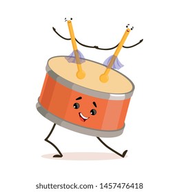 Funny Drum Musical Instrument Cartoon Character Playing with Sticks Vector Illustration
