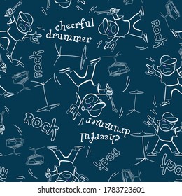 funny drummers with instruments painted in white, the words "cheerful drummer" and "rock" are randomly arranged on a dark azure background. rocker seamless pattern. vector