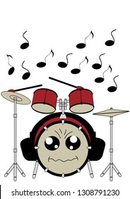 Funny drums in kawaii style with headphones. Vector file EPS 10.