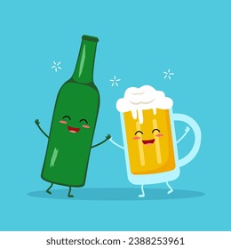 Funny drunk beer glass and bottle cartoon character in flat design vector.