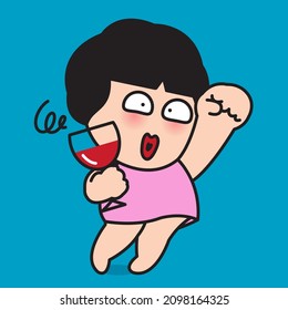 Funny Drunk Girl With Clenched Fist is Dancing and Holding A Glass Of Wine In Hands Gone Wild. Addiction Alcoholic Woman Concept Card Character illustration