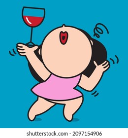 Funny Drunk Girl is Dancing With A Glass Of Wine In Hands Gone Wild. Addiction Alcoholic Woman Concept Card Character illustration