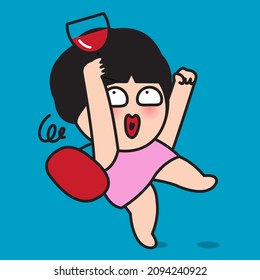 Funny Drunk Girl With A Glass Of Wine In Hands Gone Wild. Addiction Alcoholic Woman Concept Card Character illustration