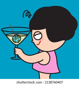 Funny Drunk Girl is Holding A Glass Cocktail Martini With Globe. Don't Care About The World, Just Be Yourself Concept Card Character illustration