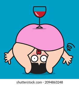 Funny Drunk Girl is Standing Upside Down With A Glass Of Wine On Her Bottom, Gone Wild. Addiction Alcoholic Woman Concept Card Character illustration