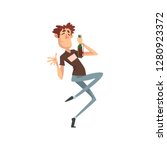 Funny drunk man with bottle of alcohol drink in his hand, guy character drinking alcohol vector Illustration