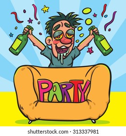 Funny Drunk Man with bottle  in Party, illustration  