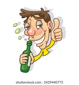 Funny drunk man and a bottle with thumbs up hand. Flat, Vector, Illustration, Cartoon, EPS10. Poster, Postcard,  Tshirt, ceramic. 