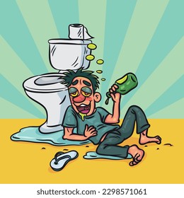 Funny Drunk man lying on floor. vector stock illustration. 