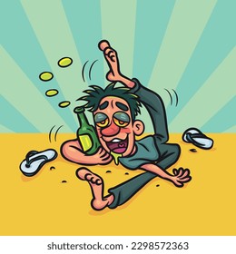 Funny Drunk man lying on floor. vector stock illustration. 