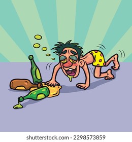 Funny Drunk man lying on floor. vector stock illustration. 