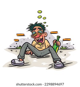 Funny Drunk man lying on floor. vector stock illustration. 