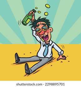 Funny Drunk man lying on floor. vector stock illustration. 