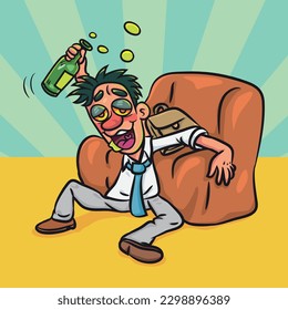 Funny Drunk man lying on floor. vector stock illustration. 